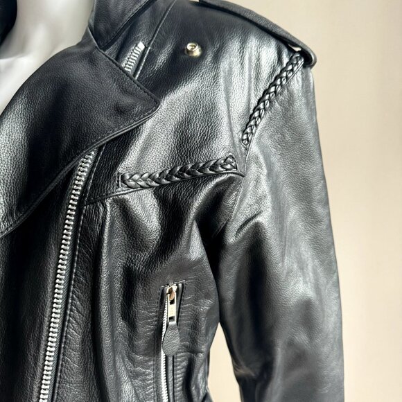 Vintage Black Leather Braided Detail Motorcycle Jacket M/L - Picture 6 of 10